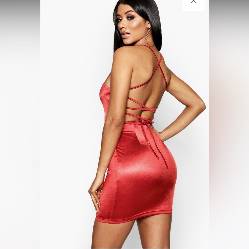 Satin Square Neck Strappy Back Bodycon Dress, bodycon, size 2